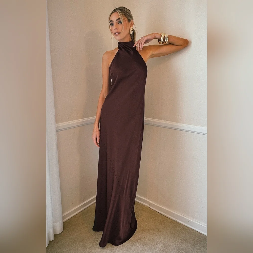 Show Me Your MUMU Lisa Maxi Dress XS Chocolate Luxe Satin Wedding Party Prom - Picture 2 of 11